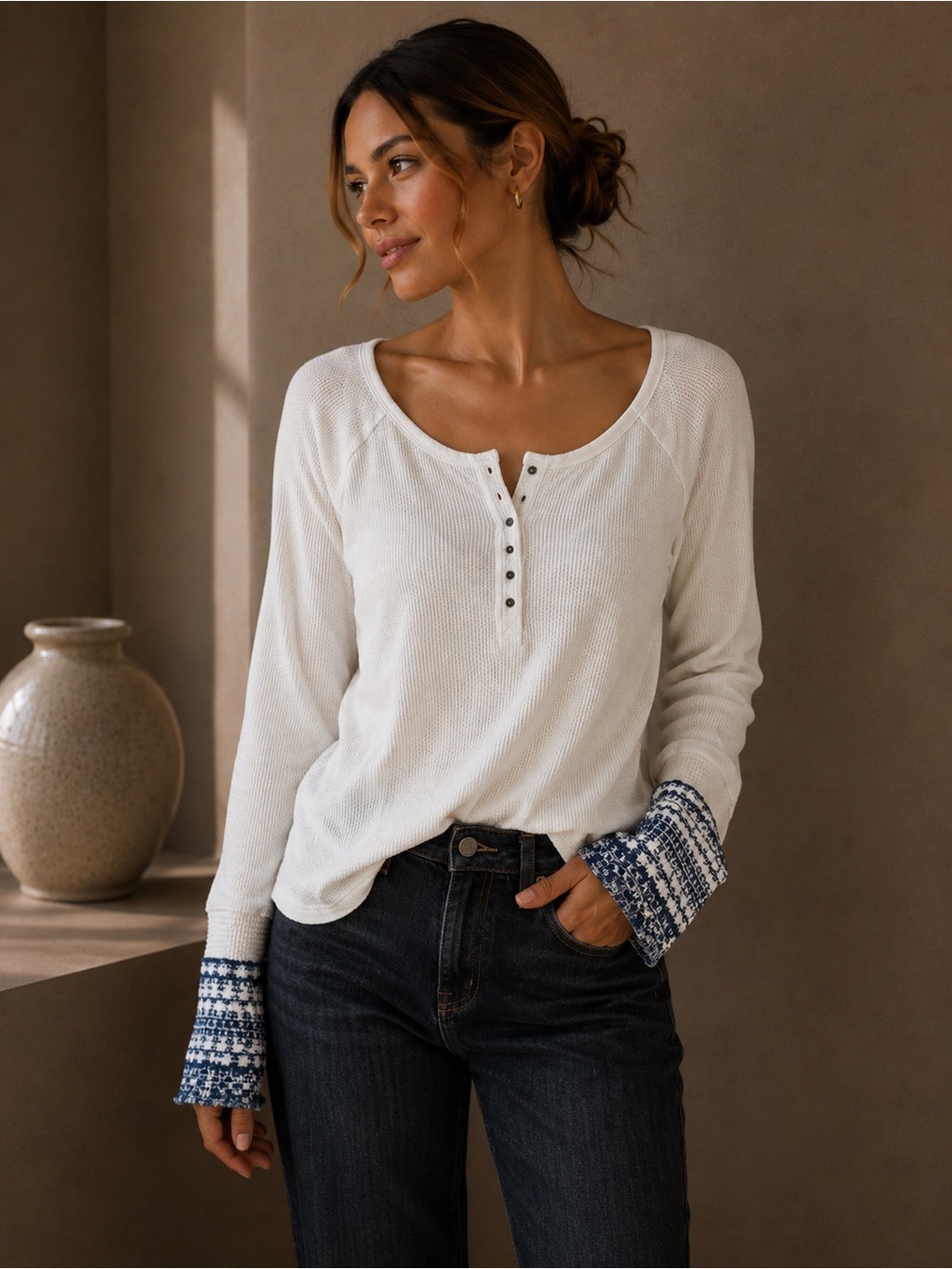 Free People OB429221 Ski Lodge Ivory Waffle Knit/Blue Cuff Henley Thermal Top